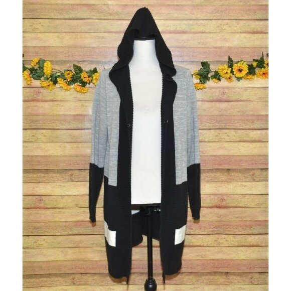 French Dressing Jeans Gray Black Color Block Hooded Long Cardigan Sweater Size L - Picture 6 of 13